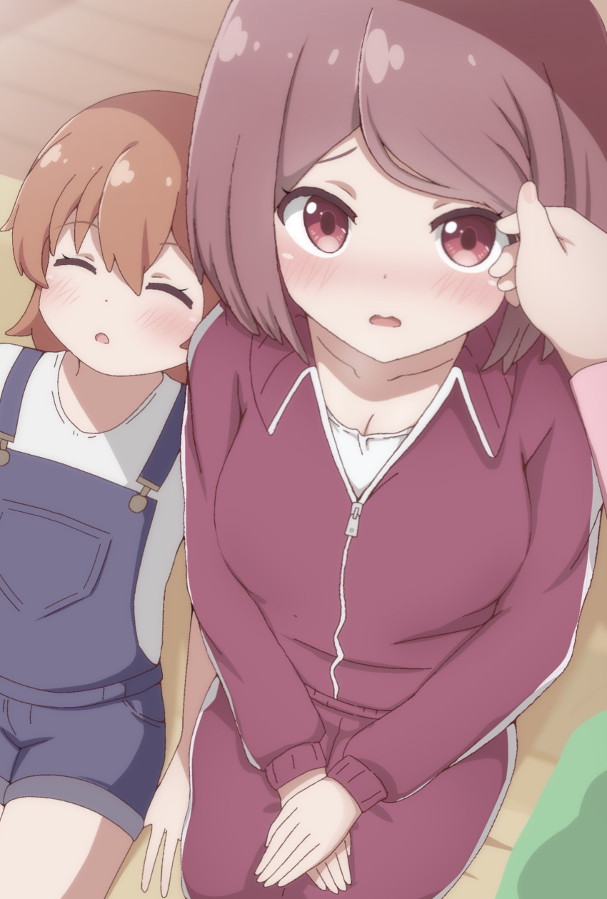 2girls absurdres bangs blush brown_hair hair_over_one_eye hand_in_another's_hair highres hoshino_hinata hoshino_miyako_(wataten) jacket looking_at_viewer lying multiple_girls on_back open_mouth orange_hair overalls poa_mellhen shirt short_hair sleeping track_jacket watashi_ni_tenshi_ga_maiorita!