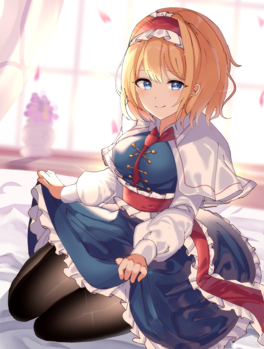 1girl alice_margatroid bangs bed_sheet between_breasts black_legwear blonde_hair blue_dress blue_eyes blush breasts capelet closed_mouth commentary_request curtains dress eyebrows_visible_through_hair eyelashes frilled_hairband frilled_sash frills hairband highres indoors kozomezuki lap_pillow lap_pillow_invitation lifted_by_self lolita_hairband looking_at_viewer looking_back medium_hair necktie necktie_between_breasts on_bed pantyhose parted_lips petals pillow puffy_sleeves red_hairband red_necktie red_ribbon red_sash ribbon sash seiza sitting sitting_on_bed smile solo thighs touhou white_capelet window wrist_cuffs