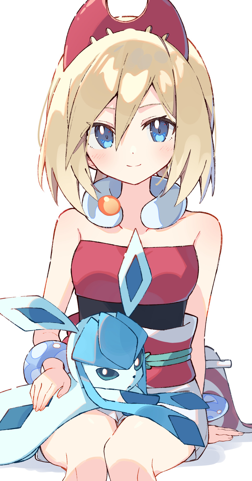 1girl absurdres arm_support bangs bare_shoulders blonde_hair blue_eyes closed_mouth commentary_request eyebrows_behind_hair feet_out_of_frame glaceon hair_between_eyes highres irida_(pokemon) looking_at_viewer pokemon short_shorts shorts smile strapless white_background white_shorts zoirun