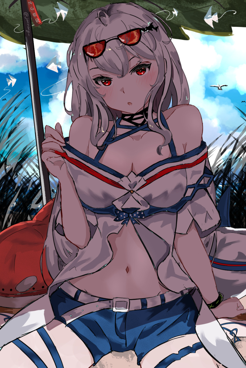 1girl arknights bangs bare_shoulders blue_shorts blue_sky clouds commentary_request day eyewear_on_head hand_up head_tilt highres jannong long_hair looking_at_viewer navel off-shoulder_shirt off_shoulder parted_lips red_eyes shirt short_shorts short_sleeves shorts silver_hair sitting skadi_(arknights) skadi_(waverider)_(arknights) sky solo stomach sunglasses very_long_hair white_shirt
