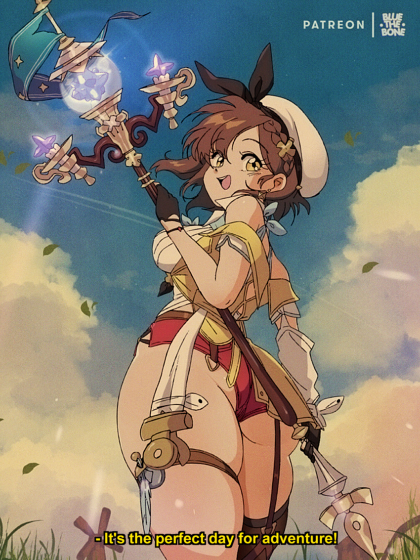 1980s_(style) 1girl :d artist_name ass atelier_(series) atelier_ryza atelier_ryza_2 blue_sky bluethebone braid breasts brown_hair brown_legwear clouds commentary day english_commentary english_text grass highres holding holding_staff looking_at_viewer medium_breasts open_mouth outdoors patreon_username red_shorts reisalin_stout retro_artstyle short_hair short_shorts shorts single_leg_pantyhose single_thighhigh sky smile solo staff standing subtitled thick_thighs thigh-highs thighs white_headwear yellow_eyes