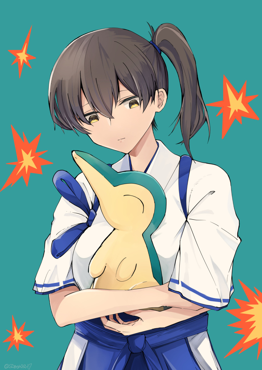 1girl bangs black_hair blue_background blue_hakama breasts closed_eyes commentary_request crossover cyndaquil hair_between_eyes hakama highres holding japanese_clothes kaga_(kancolle) kantai_collection large_breasts long_hair pokemon pokemon_(creature) ponytail samonasu17 side_ponytail simple_background tasuki upper_body yellow_eyes