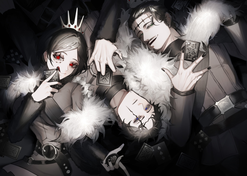 1girl 2boys absurdres bangs belt belt_buckle black_belt black_clover black_hair black_nails black_pants black_shirt breasts brown_jacket brown_vest buckle cape card chest_strap crown dante_zogratis expressionless eyepatch eyewear_removed facial_hair facial_mark frit_2 fur_cape fur_coat fur_collar gem goatee green_eyes hair_behind_ear hair_slicked_back half-closed_eyes high_collar highres holding holding_card insignia jacket long_bangs looking_at_viewer lying miniskirt multiple_belts multiple_boys mustache muted_color nail_polish o-ring on_back open_clothes open_jacket pants parted_bangs playing_card red_eyes shirt short_hair shoulder_strap siblings sideburns skirt smile spade_(shape) spot_color studded_belt tiara tongue tongue_out tunic vanica_zogratis vest zenon_zogratis
