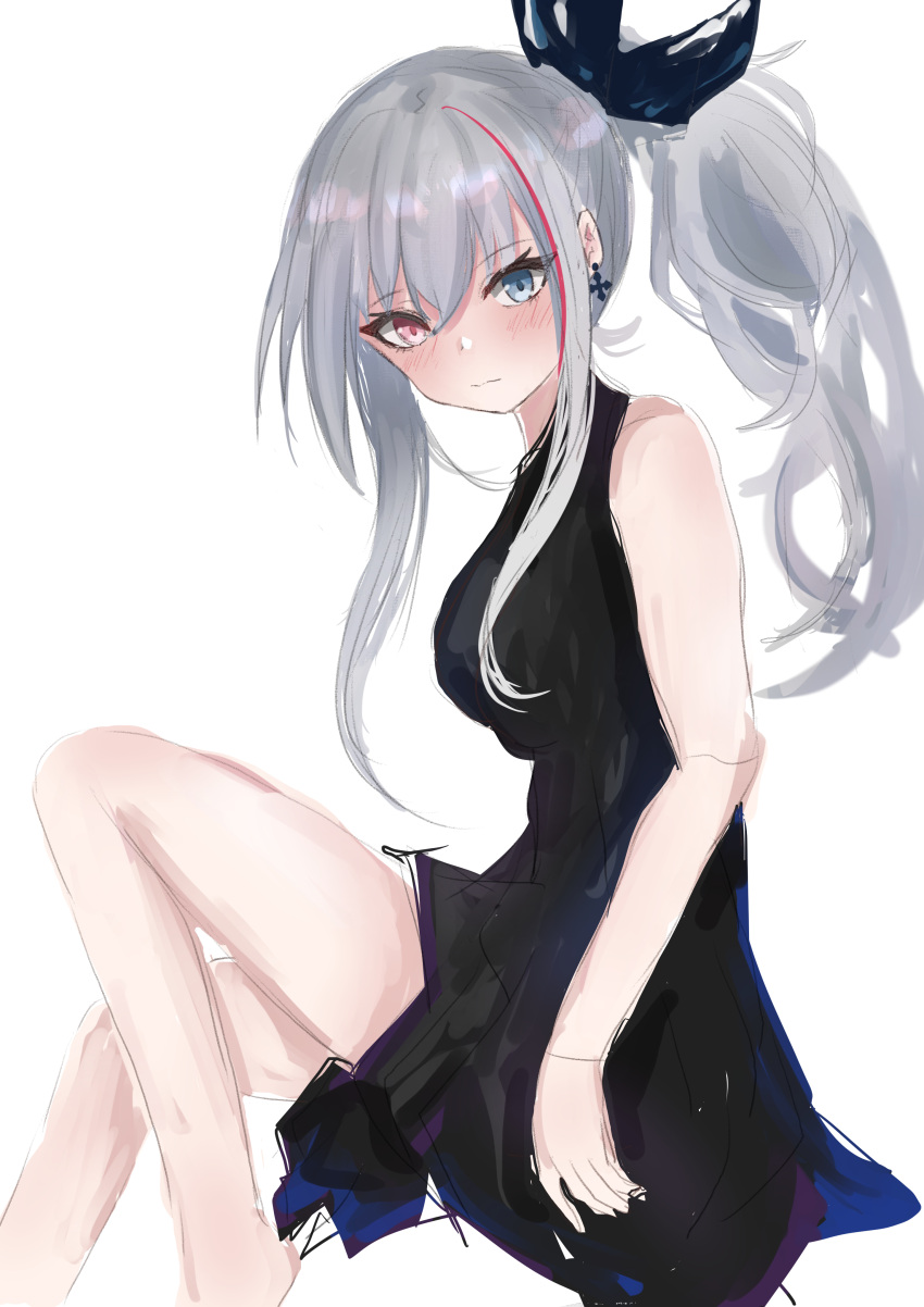 1girl absurdres bangs black_bow black_dress black_gloves blue_eyes blush bow breasts cross cross_earrings dress earrings eyebrows_visible_through_hair feet_out_of_frame girls_frontline gloves heterochromia highres jewelry long_hair looking_at_viewer mdr_(cocktail_observer)_(girls'_frontline) mdr_(girls'_frontline) multicolored_hair official_alternate_costume ponytail ribbon silver_hair simple_background smile solo streaked_hair white_background
