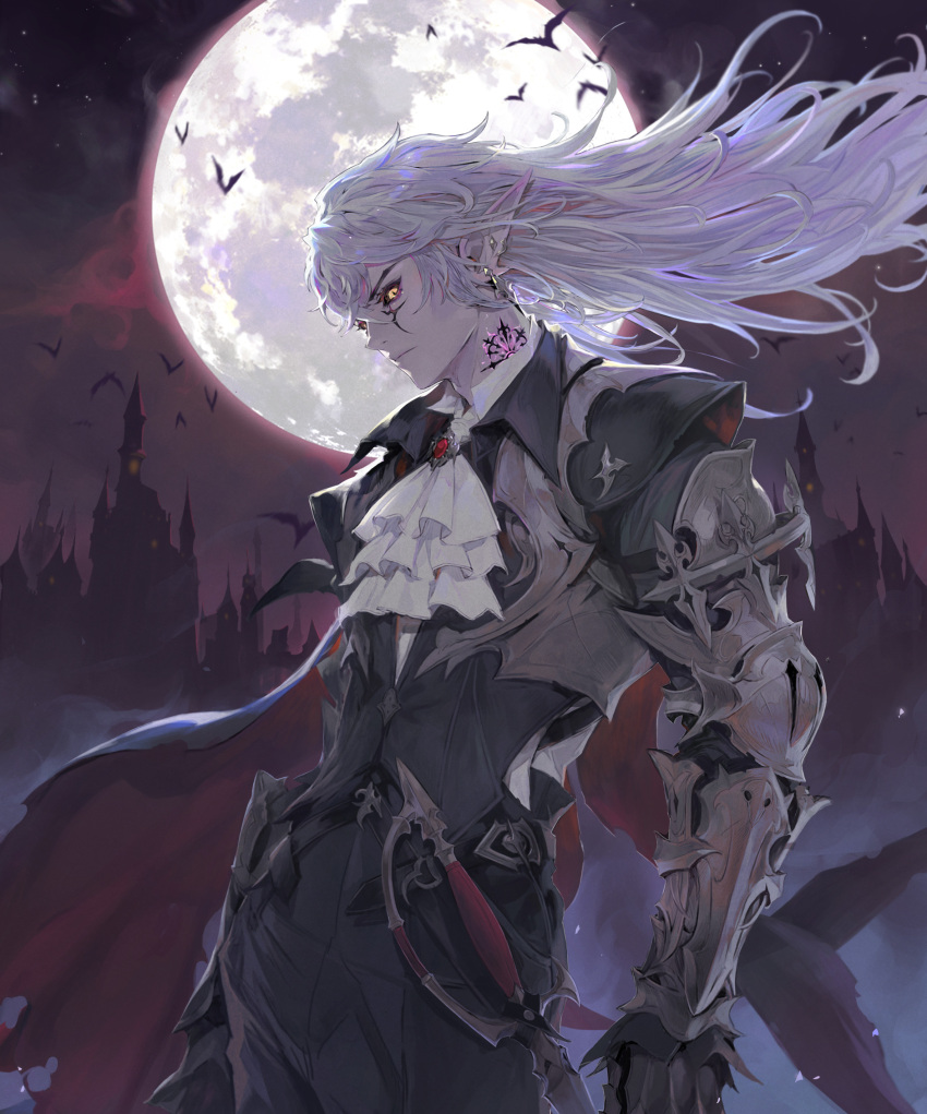1boy absurdres armor ascot brooch cape castle character_request closed_mouth floating_hair full_moon gauntlets gran_saga highres jewelry long_hair moon neck_tattoo night pointy_ears shirt silver_hair solo sword tattoo weapon yellow_eyes yeon_bom