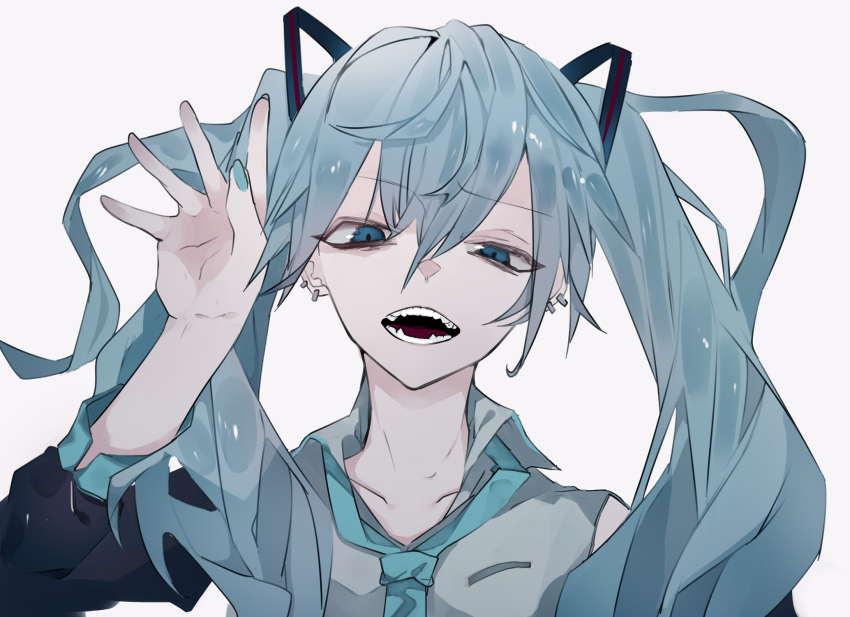 1girl bare_shoulders blue_eyes blue_hair blue_lips detached_sleeves hair_ornament hatsune_miku highres ikurauni long_hair long_sleeves looking_at_viewer necktie open_mouth simple_background solo teeth twintails very_long_hair vocaloid white_background