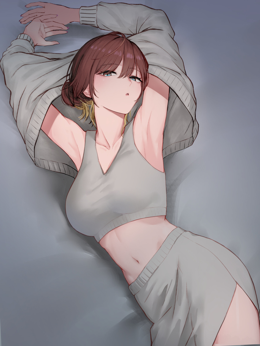 1girl :o absurdres ahoge aketa_mikoto armpits arms_up bed_sheet blonde_hair blue_eyes bra breasts brown_hair collarbone commentary cowboy_shot eyebrows_visible_through_hair from_above grey_bra grey_shorts grey_sweater hair_bun highres idolmaster idolmaster_shiny_colors looking_at_viewer lying medium_breasts midriff multicolored_hair navel on_side open_mouth short_hair shorts side_slit sjuno solo sports_bra sweater thighs two-tone_hair underwear