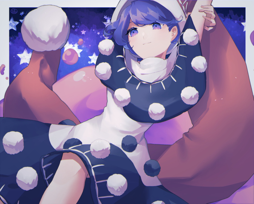 1girl :3 arm_behind_head arm_up bangs black_capelet black_dress blue_eyes blue_hair capelet closed_mouth commentary cowboy_shot doremy_sweet dream_soul dress eyebrows_behind_hair hat highres holding_own_arm koito_(bowstringsmall) light_blush multicolored_clothes multicolored_dress nightcap pom_pom_(clothes) red_headwear short_hair signature solo star_(symbol) stretch swept_bangs touhou white_dress