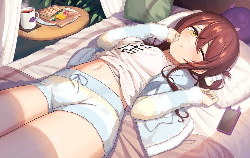 1girl ;o bangs bed blush bow breasts brown_eyes brown_hair cellphone clothes_writing commentary_request cup eyebrows_visible_through_hair food hair_between_eyes hair_bow hair_bun hands_up highres idolmaster idolmaster_shiny_colors jacket kurageso long_hair long_sleeves looking_at_viewer loungewear lying mug navel on_back on_bed one_eye_closed oosaki_tenka open_clothes open_jacket parted_lips phone pillow sandwich shirt short_shorts shorts sleeves_past_wrists small_breasts solo striped striped_jacket striped_shorts white_bow white_shirt