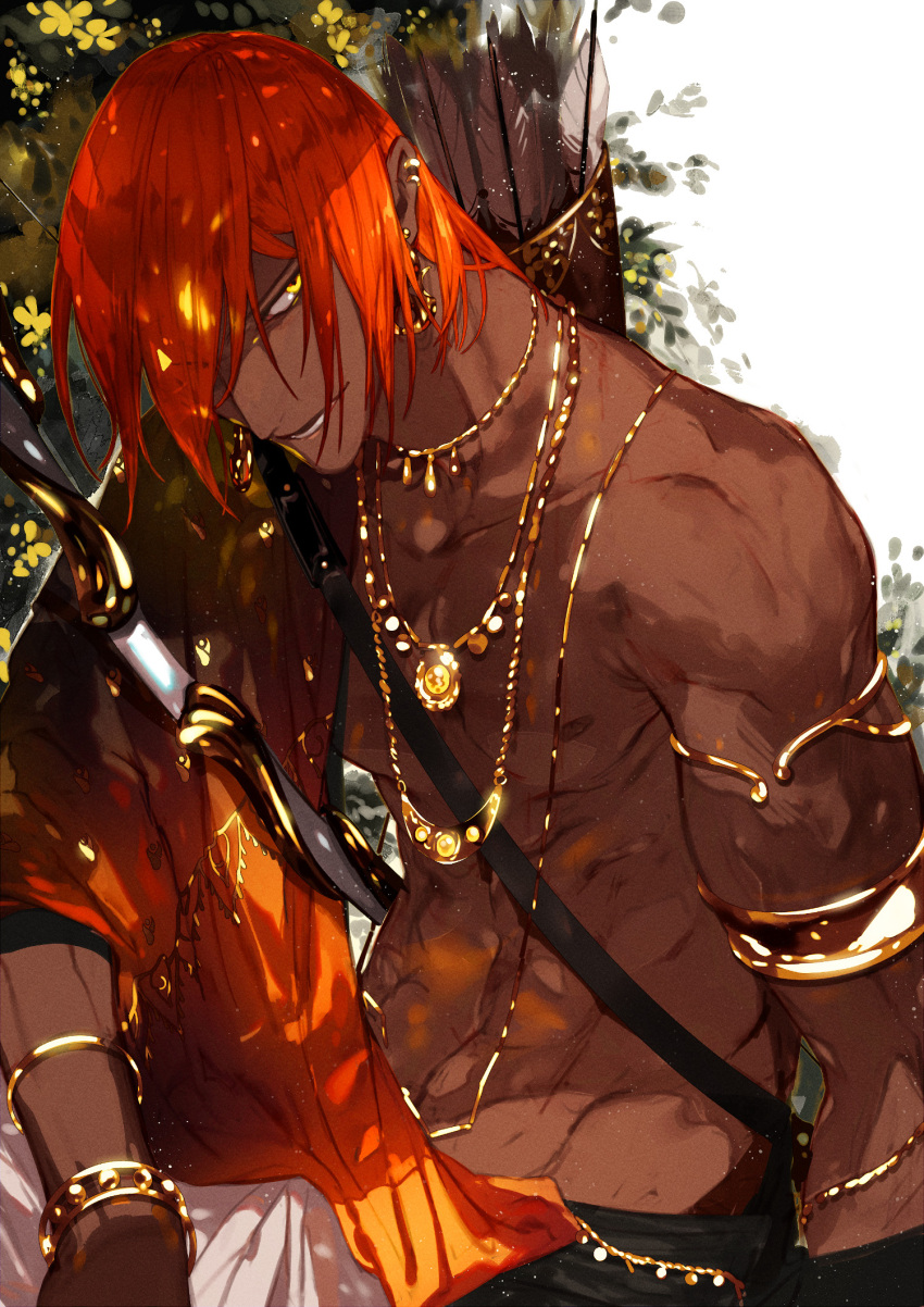 1boy abs ashwatthama_(fate) bangs commentary_request dark-skinned_male dark_skin fate/grand_order fate_(series) highres long_hair looking_at_viewer male_focus muscular muscular_male nipples open_mouth pectorals redhead semi_finalfight smile solo yellow_eyes