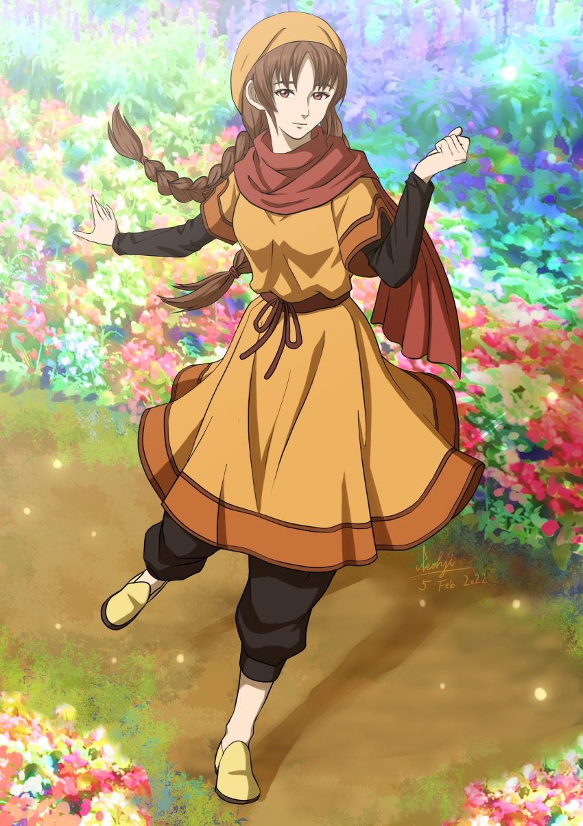 1girl bangs braid brown_eyes brown_hair brown_pants day dress floral_background full_body highres kohji leg_up ling_shen_hua long_hair long_sleeves looking_at_viewer nature outdoors outstretched_arm pants red_scarf sash scarf sega shenmue signature solo standing standing_on_one_leg twin_braids yellow_footwear yellow_headwear
