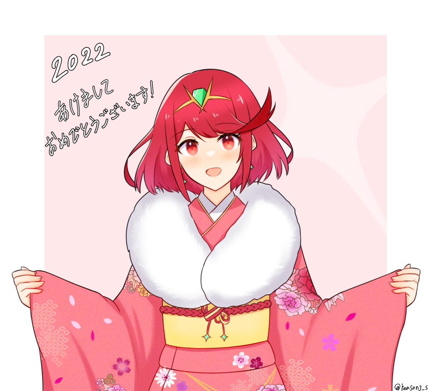1girl absurdres alternate_costume bangs blush border commentary_request dated earrings eyebrows_visible_through_hair floral_print fur_scarf highres japanese_clothes jewelry kimono looking_at_viewer medium_hair obi open_mouth outstretched_arms pink_background pink_kimono print_kimono pyra_(xenoblade) reason3_s red_eyes redhead sash shiny shiny_hair sleeves_past_wrists solo swept_bangs tiara translation_request twitter_username upper_body white_border wide_sleeves xenoblade_chronicles_(series) xenoblade_chronicles_2