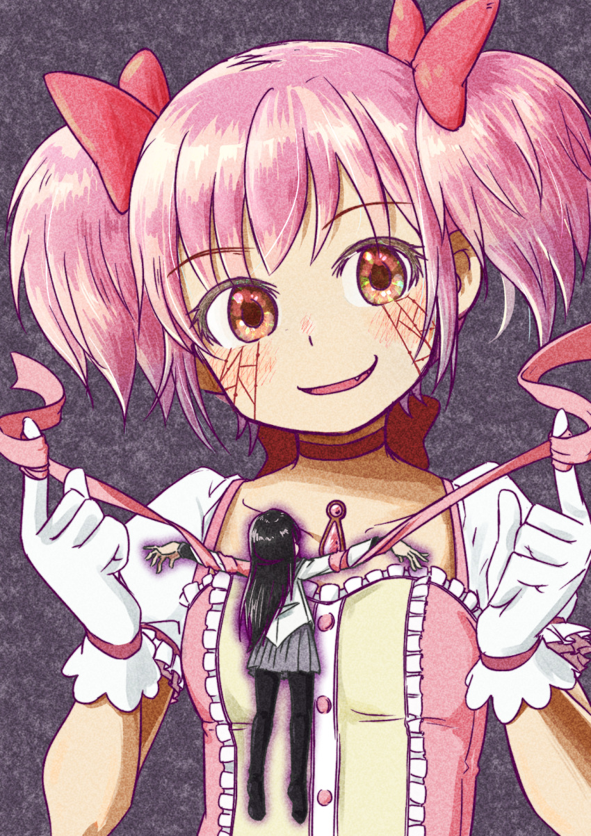 2girls akemi_homura bangs black_hair black_legwear choker collarbone commentary crying eyebrows_visible_through_hair fang full_body gloves hair_between_eyes hair_ribbon highres holding holding_ribbon jewelry kaname_madoka long_hair magical_girl mahou_shoujo_madoka_magica minigirl multiple_girls noise open_mouth outstretched_arms pantyhose personality_switch pink_eyes pink_hair pink_ribbon puffy_short_sleeves puffy_sleeves red_ribbon restrained ribbon shiny shiny_hair shirt short_hair short_sleeves short_twintails soul_gem spread_arms static tareme twintails upper_body user_huap8437 white_gloves white_shirt