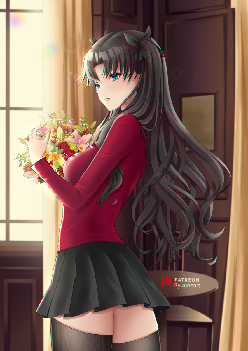 1girl absurdres aqua_eyes artist_name bangs black_hair black_legwear black_ribbon bouquet breasts chair curtains day english_commentary fate/stay_night fate_(series) flower from_side hair_ribbon hand_up highres holding holding_bouquet holding_flower indoors lens_flare long_hair long_sleeves looking_ahead parted_lips patreon_username pleated_skirt red_shirt red_sweater ribbon ryuuneart shirt sidelocks skirt solo sunlight sweater table thigh-highs tohsaka_rin two_side_up wavy_hair window zettai_ryouiki