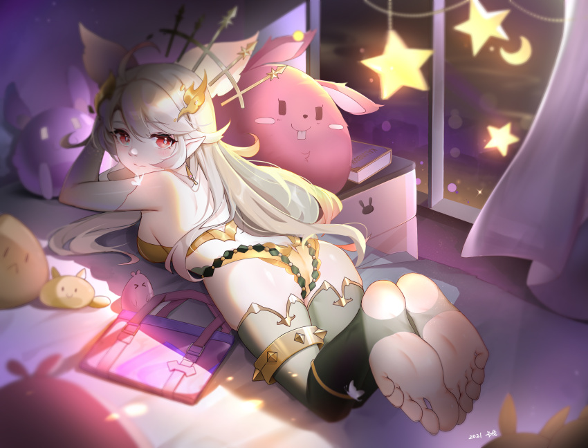 &gt;_&lt; 1girl absurdres ass bangs bedroom blurry breasts closed_mouth commentary_request corrin_(fire_emblem) corrin_(fire_emblem)_(female) crescent_moon dated depth_of_field detached_sleeves fire_emblem fire_emblem_fates grey_hair hair_ornament highres indoors kalun_(fwme3378) long_hair looking_back lying medium_breasts moon on_bed on_stomach pointy_ears red_eyes sideboob single_detached_sleeve soles solo star_(sky) stuffed_animal stuffed_toy thigh-highs toes window