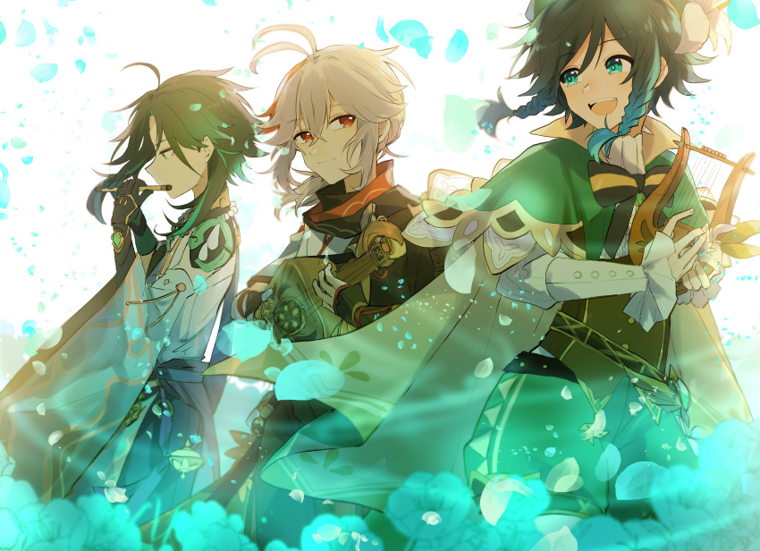3boys absurdres antenna_hair bangs bead_necklace beads black_gloves black_hair blue_hair braid cape crossed_bangs fingerless_gloves flower flute genshin_impact gloves green_eyes green_hair hair_between_eyes hat hat_flower highres holding instrument japanese_clothes jewelry kaedehara_kazuha long_sleeves lyre male_focus multicolored_hair multiple_boys music necklace open_mouth petals playing_instrument ponytail red_eyes redhead ryu_genshin77 simple_background spikes streaked_hair symbol-only_commentary twin_braids venti_(genshin_impact) white_flower xiao_(genshin_impact) yellow_eyes
