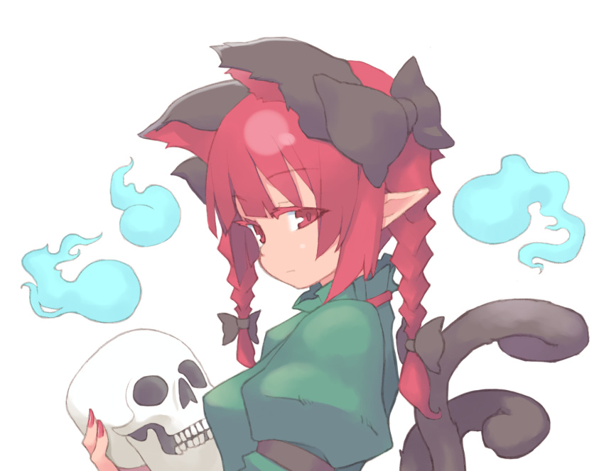 1girl animal_ears bangs black_bow blue_fire blunt_bangs bow braid cat_ears cat_tail dress extra_ears eyebrows_visible_through_hair fire frills from_side glowing green_dress hair_bow hair_ribbon highres hitodama holding holding_skull juliet_sleeves kaenbyou_rin long_hair long_sleeves looking_at_viewer multiple_tails nail_polish nekomata piza_poteto pointy_ears puffy_sleeves red_eyes red_nails redhead ribbon simple_background skull solo tail touhou transparent_background tress_ribbon twin_braids twintails two_tails upper_body