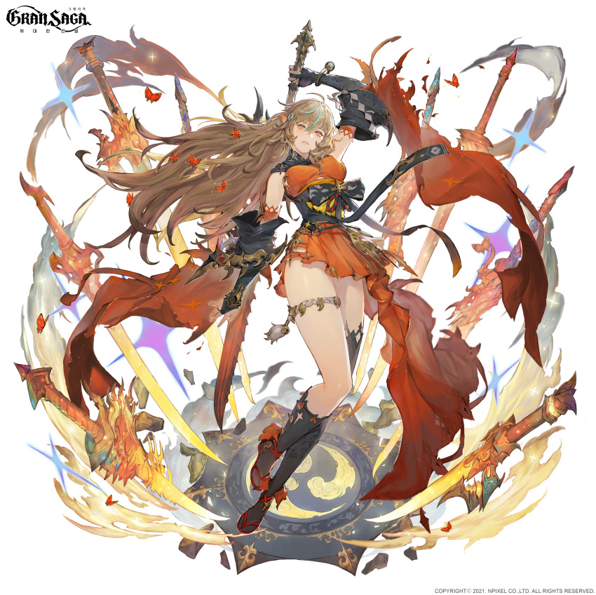 1girl 2021 absurdres arm_at_side arm_up blonde_hair breasts character_request company_name copyright dress floating floating_object floating_sword floating_weapon gran_saga highres holding holding_sword holding_weapon medium_breasts official_art shoes socks solo sword sword_behind_back weapon white_background yellow_eyes yeon_bom
