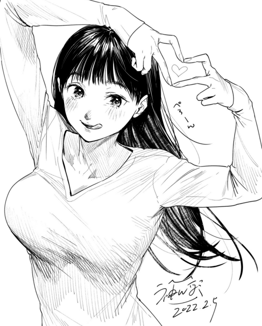 1girl arms_up bangs banned_artist blush breasts commentary_request dated greyscale heart heart_hands highres kamiyama_aya large_breasts long_hair long_sleeves looking_at_viewer monochrome original shirt simple_background sleeves_past_wrists solo t-shirt tongue tongue_out upper_body v_neck