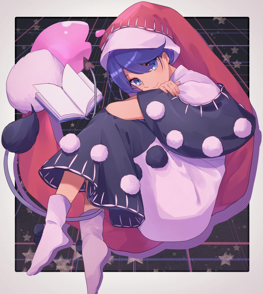 1girl absurdres black_capelet black_dress blue_eyes blue_hair book capelet closed_mouth commentary doremy_sweet dream_soul dress fetal_position full_body hat head_tilt highres holding_own_arm koito_(bowstringsmall) looking_at_viewer multicolored_clothes multicolored_dress nightcap open_book pom_pom_(clothes) red_headwear short_hair smile socks solo star_(symbol) tail tapir_tail touhou white_dress white_footwear