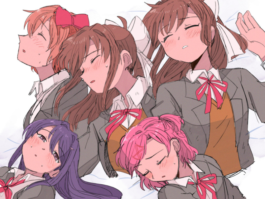 4girls bed bed_sheet blazer blush bow brown_hair brown_jacket closed_eyes closed_mouth doki_doki_literature_club hair_ornament hairclip half-closed_eyes head_on_another's_shoulder jacket leaning_on_person long_hair lying lying_on_person monika_(doki_doki_literature_club) multiple_girls natsuki_(doki_doki_literature_club) on_back open_mouth pink_hair ponytail purple_hair red_bow ribbon sayori_(doki_doki_literature_club) school_uniform short_hair sleeping sleeping_on_person sweat tsubobot twintails unconscious violet_eyes waking_up white_ribbon yuri_(doki_doki_literature_club)