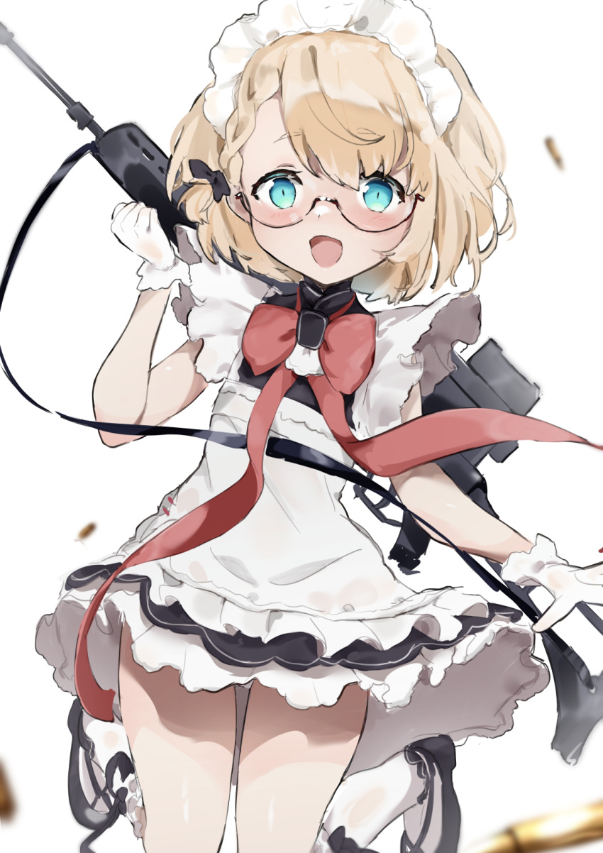 1girl :d assault_rifle bangs bespectacled black-framed_eyewear black_dress black_footwear blonde_hair blue_eyes bow bowtie braid commentary dress frilled_dress frills g36_(girls'_frontline) girls_frontline glasses gloves gun h&amp;k_g36 highres jumping legs_up looking_at_viewer maid maid_headdress mary_janes open_mouth red_bow red_bowtie rifle sabashi semi-rimless_eyewear shoes short_dress short_hair simple_background sleeveless sleeveless_dress smile socks solo standing under-rim_eyewear weapon weapon_on_back white_background white_gloves white_legwear younger