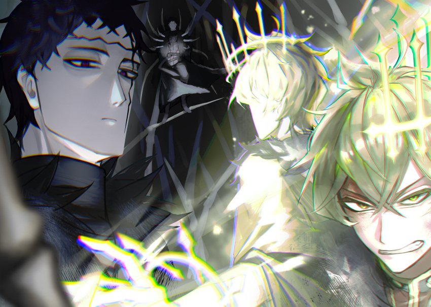 2boys absurdres black_clover black_hair blonde_hair blue_eyes blurry bone chromatic_aberration clenched_teeth crown demon_boy depth_of_field expressionless facial_mark frit_2 fur_collar glowing hair_between_eyes high_collar highres long_bangs magic male_focus messy_hair multiple_boys narrowed_eyes possessed projected_inset short_hair teeth v-shaped_eyebrows violet_eyes yellow_eyes yuno_(black_clover) zenon_zogratis