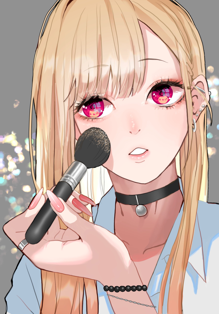 1girl bead_bracelet beads black_choker blonde_hair blurry blurry_background bracelet choker commentary ear_piercing earrings highres icedrop jewelry kitagawa_marin long_hair nail nail_polish piercing pink_nails red_eyes ring sono_bisque_doll_wa_koi_wo_suru