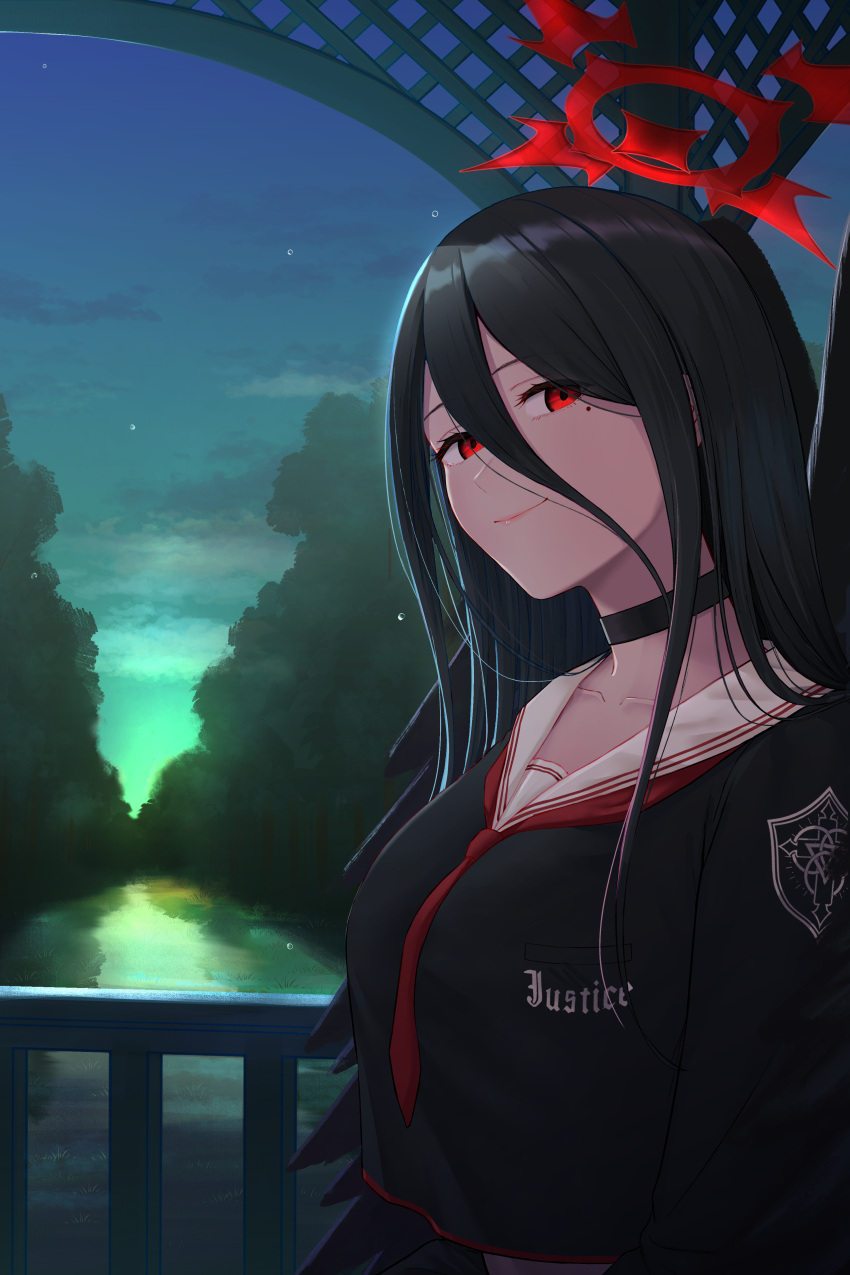 1girl absurdres black_choker black_hair black_shirt blue_archive blush breasts choker closed_mouth clouds cloudy_sky commentary crop_top crop_top_overhang hair_between_eyes halo hasumi_(blue_archive) highres lips long_hair looking_at_viewer medium_breasts mole mole_under_eye night night_sky outdoors red_eyes red_neckwear river sailor_collar school_uniform serafuku shirt sjuno sky solo straight_hair tree upper_body