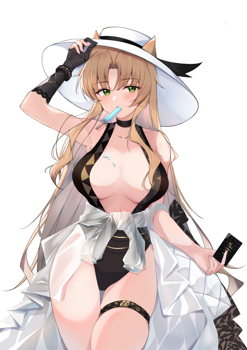 1girl absurdres animal_ears arknights bangs bare_shoulders black_choker black_gloves black_swimsuit blonde_hair blush bracelet breasts breasts_apart card casual_one-piece_swimsuit choker clothes_around_waist collarbone cowboy_shot ears_through_headwear elbow_gloves eyebrows_visible_through_hair food food_on_breasts gloves green_eyes hand_on_headwear hat highres holding holding_card jewelry large_breasts long_hair mouth_hold official_alternate_costume one-piece_swimsuit parted_bangs partially_fingerless_gloves popsicle simple_background single_glove skindentation solo sun_hat swimsuit swire_(arknights) thigh_gap thigh_strap tiger_ears useless_(102960190014) very_long_hair white_background white_headwear