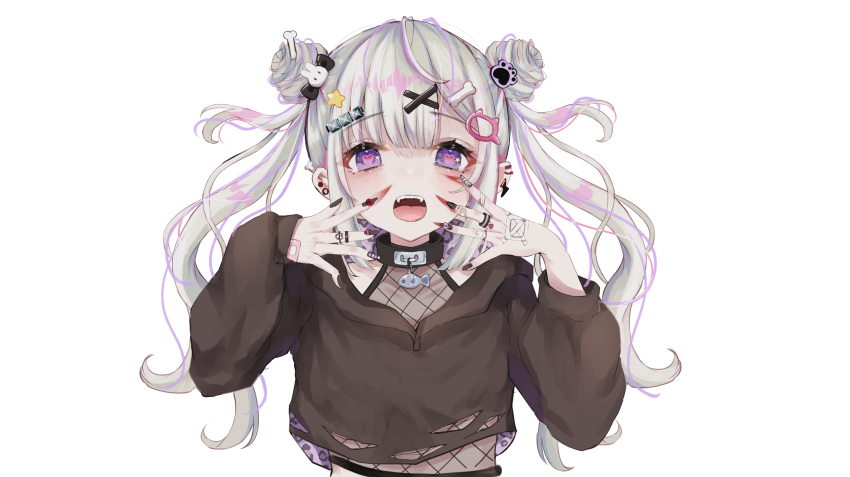 1girl absurdres bandaid bangs double_bun ear_piercing eyebrows_visible_through_hair hair_ornament heart heart-shaped_pupils highres long_hair looking_at_viewer open_mouth original parted_bangs piercing sakura_mochiko silver_hair solo symbol-shaped_pupils transparent_background twintails upper_body violet_eyes
