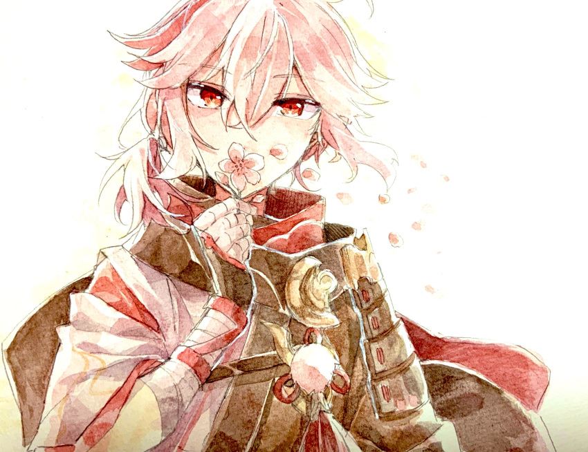 1boy armor bandaged_hand bandages bangs black_gloves fingerless_gloves flower genshin_impact gloves hair_between_eyes highres holding holding_flower japanese_armor japanese_clothes kaedehara_kazuha looking_at_viewer male_focus multicolored_hair petals pink_flower ponytail red_eyes redhead ryu_genshin77 simple_background solo streaked_hair symbol-only_commentary tassel upper_body