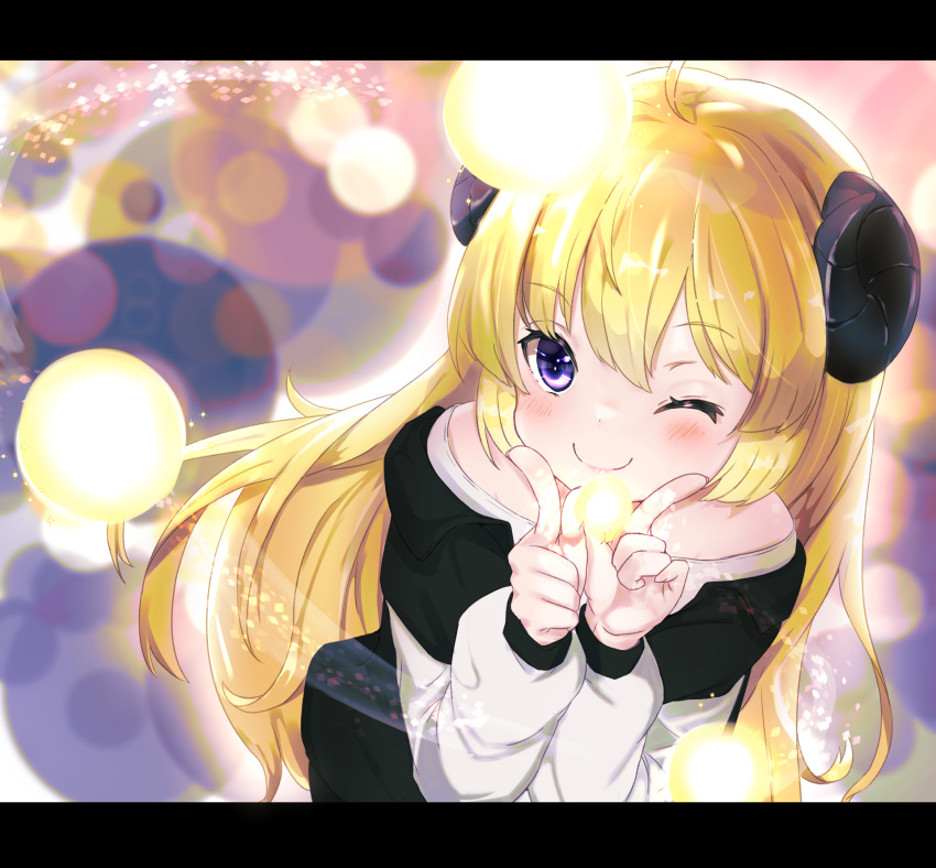 1girl animal_ears bare_shoulders blonde_hair blush dongchuan fingers_to_cheeks highres hololive horns jacket long_hair looking_at_viewer one_eye_closed sheep_ears sheep_girl sheep_horns smile solo tsunomaki_watame very_long_hair violet_eyes virtual_youtuber