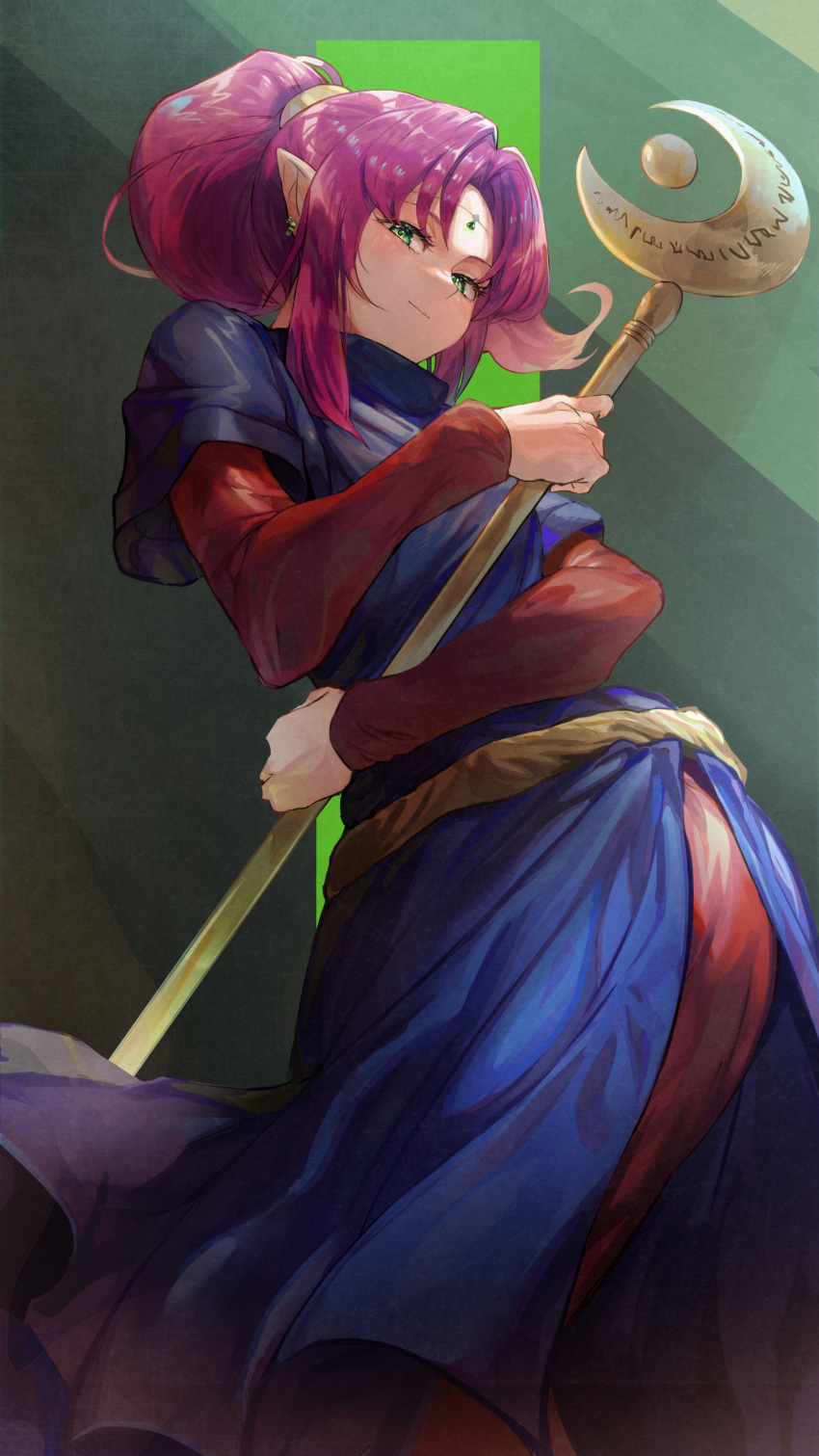 1girl absurdres belt cross crossed_arms duel_monster earrings feet_out_of_frame green_eyes head_chain highres holding holding_staff jewelry layered_clothing long_hair long_sleeves magician_of_faith milmir pointy_ears ponytail purple_hair robe short_sleeves solo staff yu-gi-oh!
