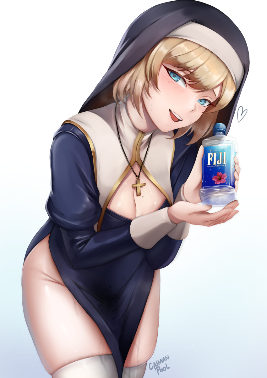 1girl absurdres black_robe blonde_hair blue_background blue_eyes bottle breasts caiman_pool cleavage_cutout clothing_cutout cross cross_necklace gradient gradient_background habit heart highres holding holding_bottle jewelry leaning_forward long_sleeves looking_at_viewer mole mole_on_breast necklace nun original short_hair smile solo standing thigh-highs water_bottle white_background white_legwear