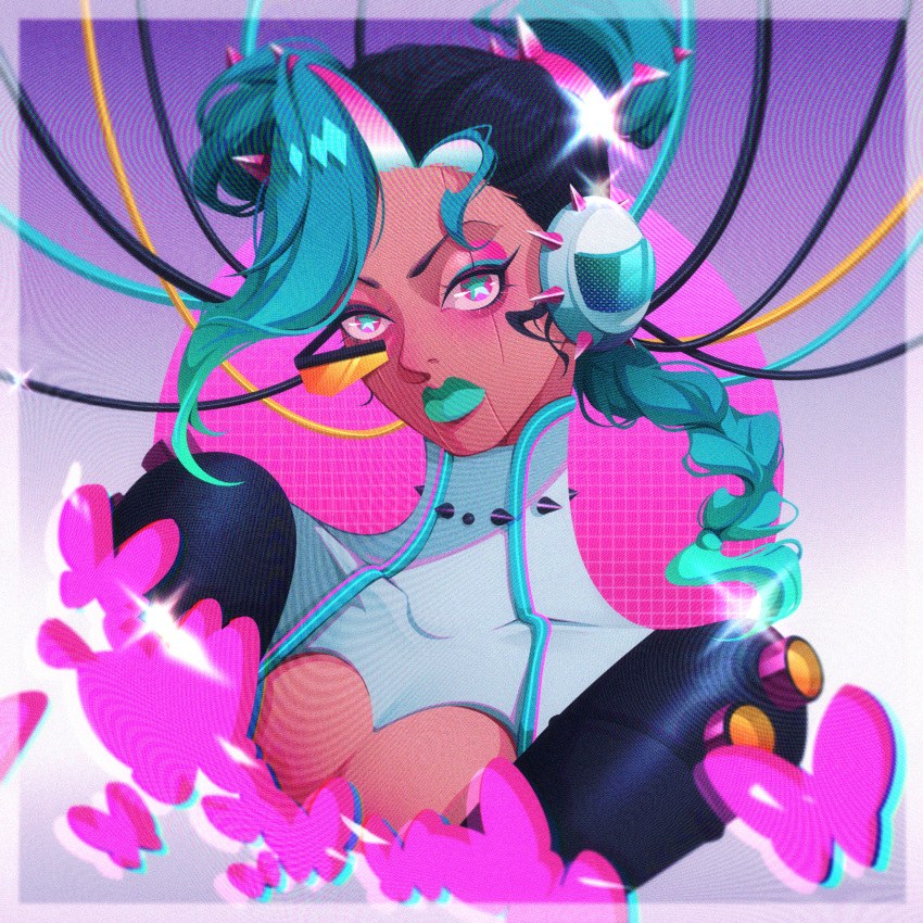 1girl absurdres android aqua_eyes aqua_lips black_hair blue_eyes braid cable cleavage_cutout clothing_cutout cyberpunk double_bun gradient_hair heart_cutout high_collar highres joints jojo_no_kimyou_na_bouken kujo_jolyne lipstick makeup moire momoju163 multicolored_hair neon_palette pink_eyes pink_hair robot_ears robot_joints scouter star-shaped_pupils star_(symbol) stone_ocean symbol-shaped_pupils turtleneck two-tone_hair upper_body