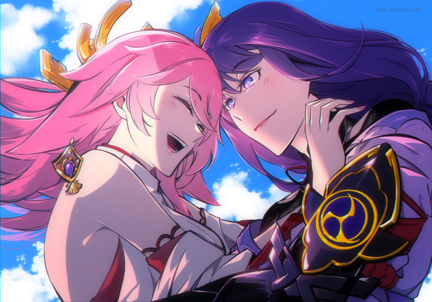 2girls animal_ears closed_eyes commentary fox_ears genshin_impact highres japanese_clothes kimono long_hair miko multiple_girls pink_hair pink_lips purple_hair raiden_shogun s_arrysky90 smile violet_eyes vision_(genshin_impact) yae_(genshin_impact) yuri