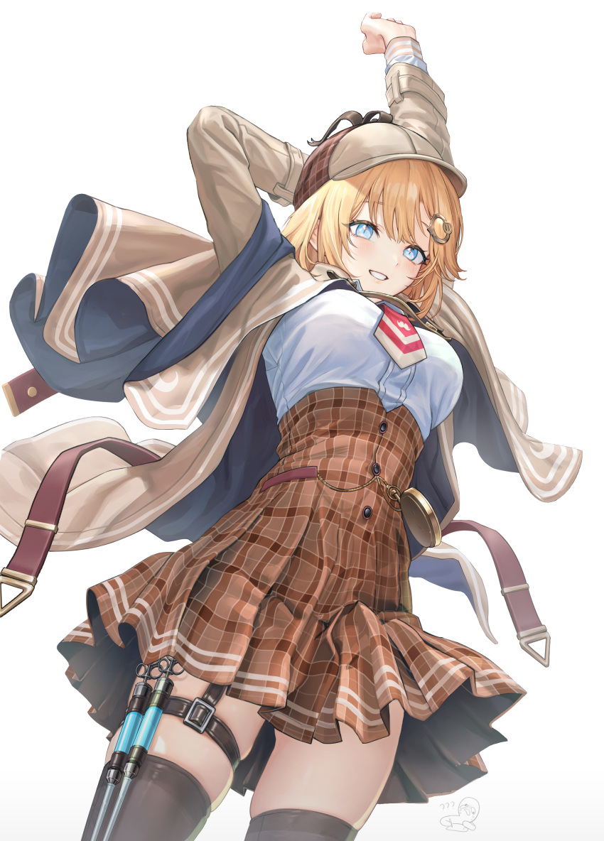 1girl absurdres blonde_hair blue_eyes breasts coat deerstalker grin hair_ornament hat high-waist_skirt highres hololive hololive_english medium_breasts medium_hair monocle_hair_ornament necktie pocket_watch simple_background skirt smile solo syringe tf18080512 thigh-highs thigh_strap virtual_youtuber watch watson_amelia white_background zettai_ryouiki