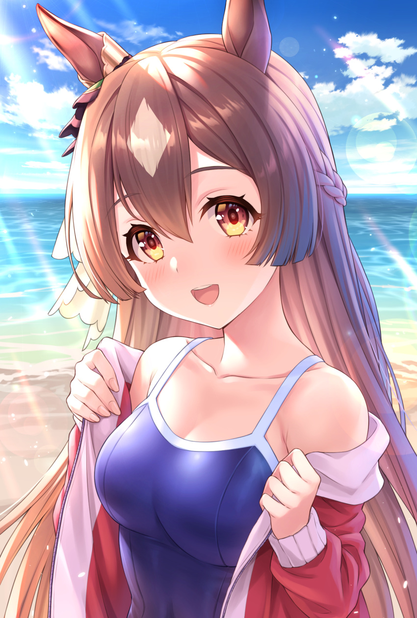1girl :d bangs bare_shoulders blue_sky blue_swimsuit blush braid breasts brown_eyes brown_hair clouds cloudy_sky commentary_request day eyebrows_visible_through_hair hair_between_eyes hands_up highres horizon jacket long_hair long_sleeves looking_at_viewer medium_breasts multicolored_hair ocean off_shoulder one-piece_swimsuit open_clothes open_jacket outdoors puffy_long_sleeves puffy_sleeves red_jacket satono_diamond_(umamusume) sky sleeves_past_wrists smile solo swimsuit swimsuit_under_clothes tomo_(tmtm_mf_mf) two-tone_hair umamusume upper_body very_long_hair water