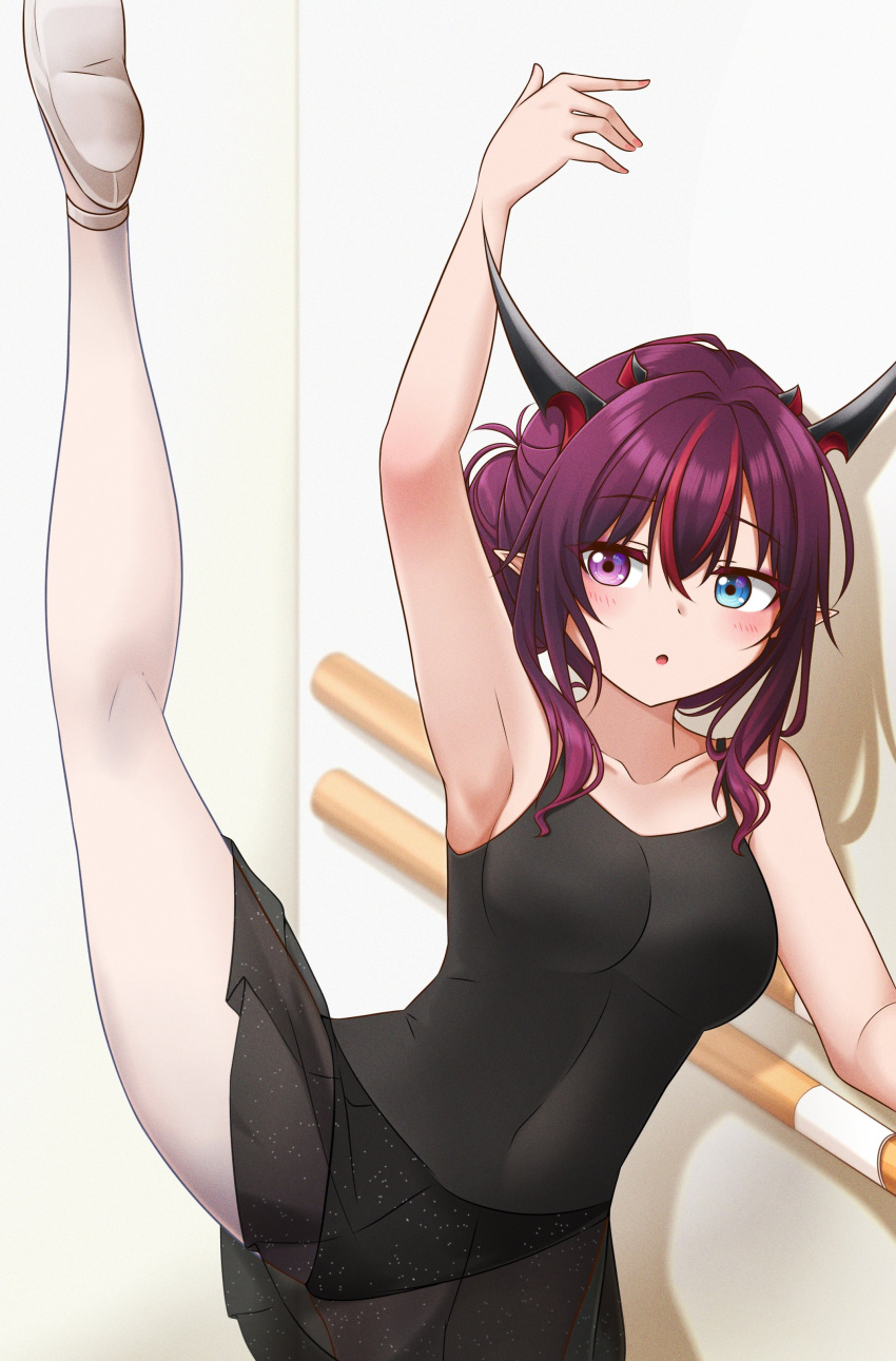1girl absurdres arm_up ballerina ballet_slippers bangs bare_arms bare_shoulders black_leotard blue_eyes breasts collarbone commentary eyebrows_visible_through_hair flexible hair_between_eyes hair_up heterochromia highres hololive hololive_english horns indoors irys_(hololive) jan_azure leg_up leotard medium_breasts multiple_horns open_mouth pointy_ears purple_hair redhead solo violet_eyes virtual_youtuber