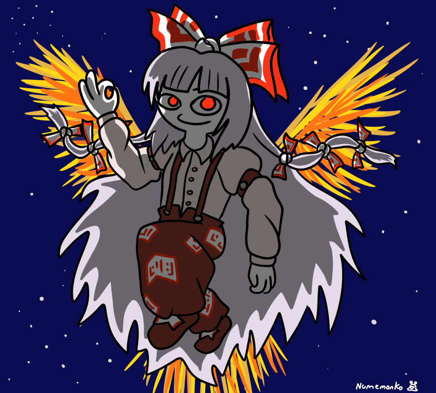 1girl baggy_pants cartoonized fire fujiwara_no_mokou hair_bow happy imperishable_night looking_at_viewer night_sky numemonko ok_sign one_girl phoenix pose pyrokinesis red_eyes red_pants simple_background solo stars touhou two-tone_bow white_hair white_shirt