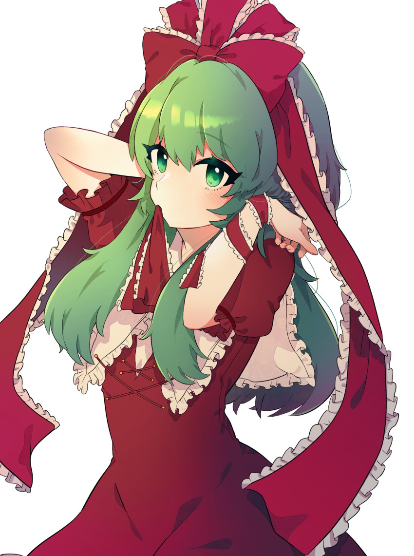 1girl alternate_hairstyle arms_up bangs blunt_bangs blush bow breasts cleavage_cutout clothing_cutout collar commentary_request dress eyebrows_visible_through_hair eyelashes frilled_bow frilled_collar frilled_ribbon frilled_sash frilled_shirt_collar frilled_sleeves frills green_eyes green_hair hair_bow highres kagiyama_hina long_hair looking_at_viewer medium_breasts mouth_hold necono_(nyu6poko) puffy_short_sleeves puffy_sleeves red_bow red_dress ribbon ribbon_in_mouth sailor_collar sash shiny shiny_hair short_sleeves simple_background solo standing touhou white_background