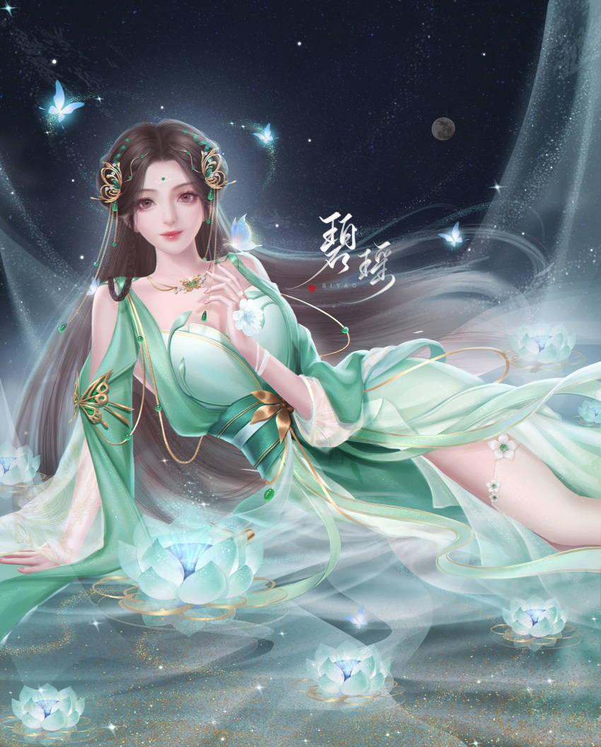 1girl absurdres baiguio_(zhu_xian) bare_legs bug butterfly dress flower green_dress highres legs lying moon ruo_shi_yao_xian sparkle weibo_id zhu_xian