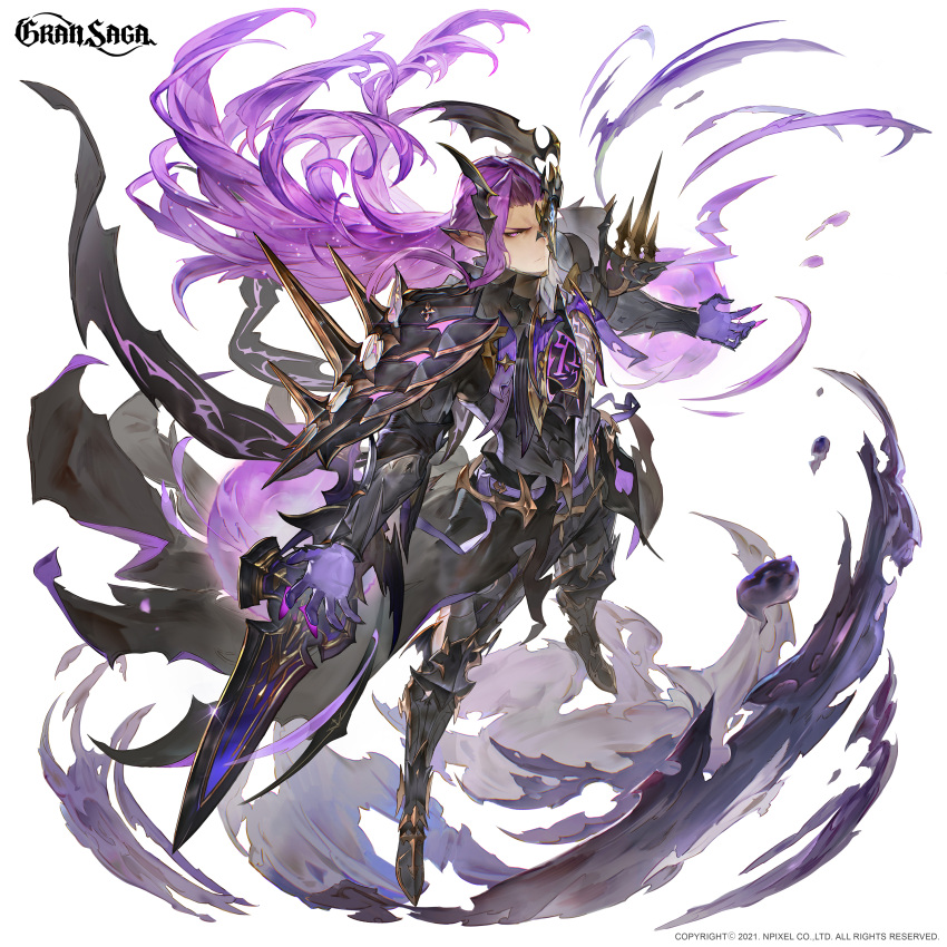 1boy 2021 absurdres armor armored_boots arms_at_sides boots character_request company_name copyright fantasy floating_hair gauntlets gran_saga highres legs_apart long_hair official_art one_eye_covered pointy_ears purple_hair shoulder_armor simple_background sisiyong solo standing violet_eyes white_background