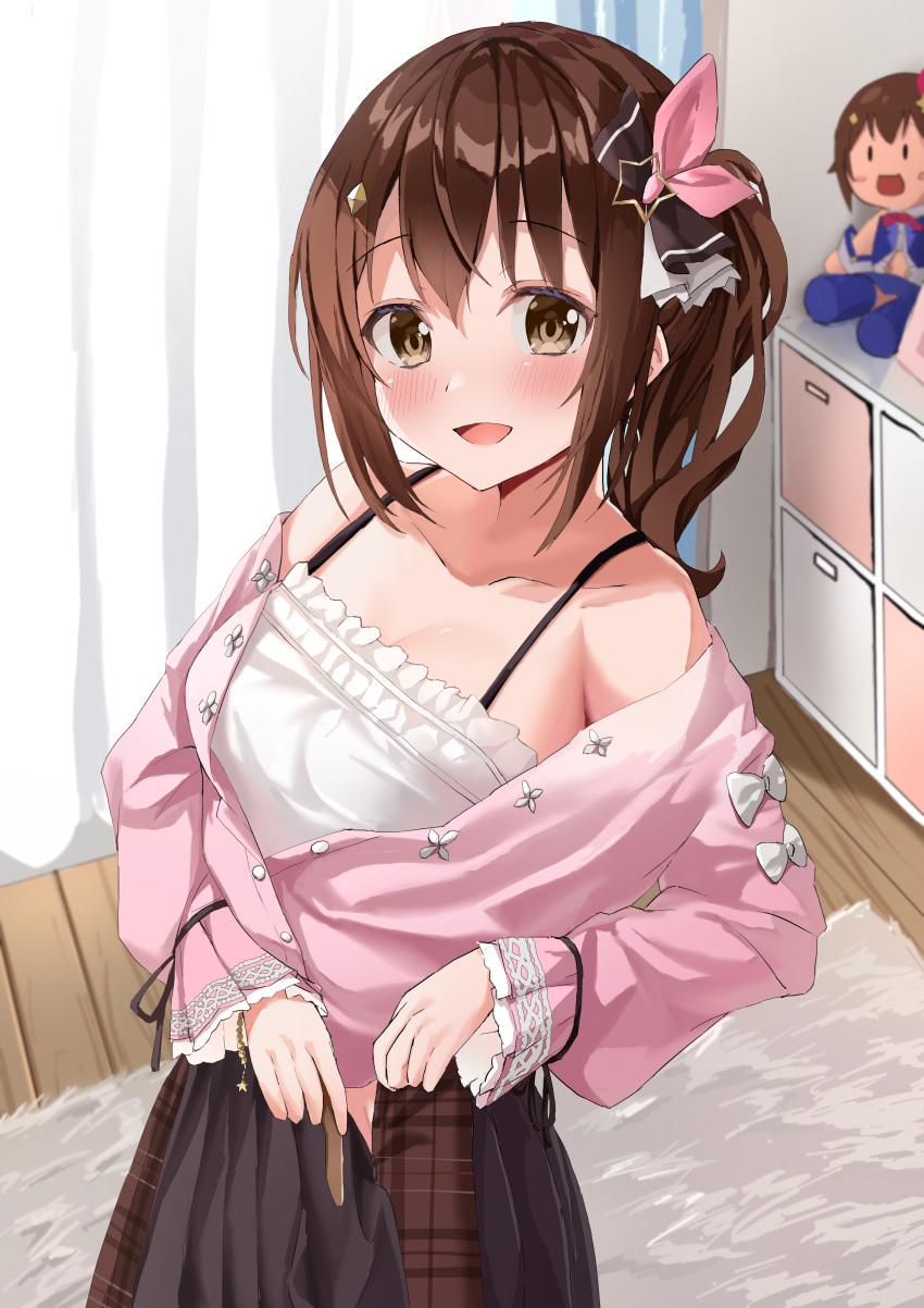 1girl absurdres blush breasts brown_eyes brown_hair dress hair_ornament highres hololive long_hair long_sleeves looking_at_viewer matcha_(user_yyss8744) official_art open_mouth solo star_(symbol) star_hair_ornament tokino_sora virtual_youtuber