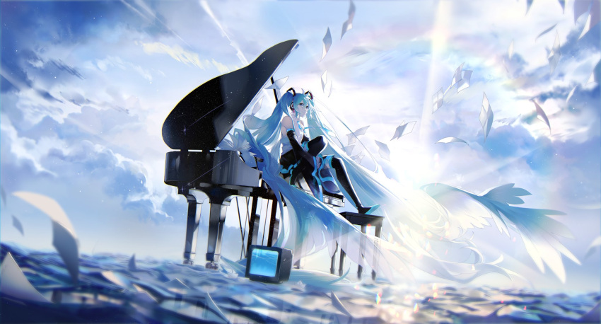 1girl absurdly_long_hair bare_shoulders black_footwear black_skirt blue_eyes blue_hair blue_necktie blue_sky boots clouds cloudy_sky collared_shirt day detached_sleeves diffraction_spikes hatsune_miku headphones highres instrument light_particles light_rays long_hair necktie nura_orimoto outdoors own_hands_clasped own_hands_together paper paper_boat piano piano_bench reflection reflective_water scenery shirt sitting sitting_on_piano skirt sky sleeveless sleeveless_shirt sleeves_past_fingers sleeves_past_wrists smile solo sunlight television thigh-highs thigh_boots twintails very_long_hair vocaloid water white_shirt wide_shot wide_sleeves