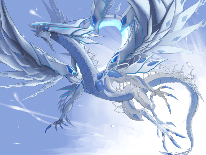 claws deep-eyes_white_dragon dragon duel_monster flying highres open_mouth ryou_(cagw5223) sharp_teeth tail teeth wings yu-gi-oh!