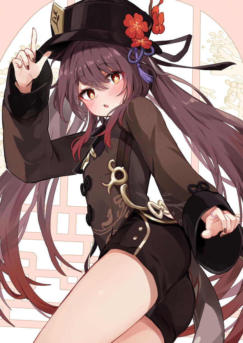 1girl absurdres arm_up bangs black_headwear black_nails black_shorts blush brown_eyes brown_hair brown_jacket commentary_request eyebrows_visible_through_hair flower flower-shaped_pupils genshin_impact hair_between_eyes hat hat_flower highres hu_tao_(genshin_impact) jacket long_hair long_sleeves nail_polish racchi. red_flower short_shorts shorts sleeves_past_wrists solo symbol-shaped_pupils twintails very_long_hair
