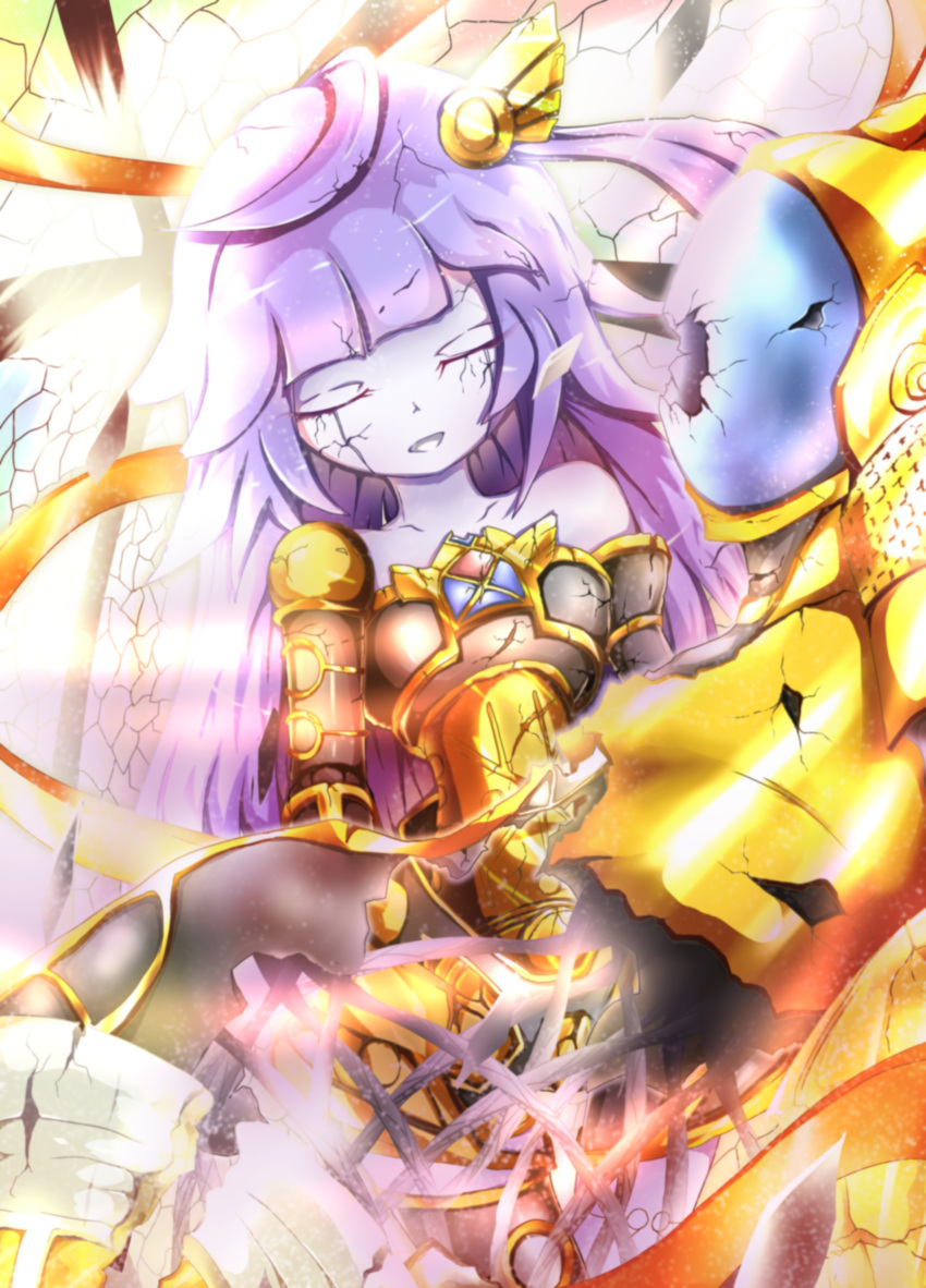 1girl absurdres android bakuhatsu_gorilla bangs blue_skin blunt_bangs closed_eyes colored_skin cracked_skin disembodied_torso duel_monster galatea_the_orcust_automaton hair_ornament highres joints long_hair mechanical_parts purple_hair robot_joints single_bare_shoulder solo upper_body yu-gi-oh!