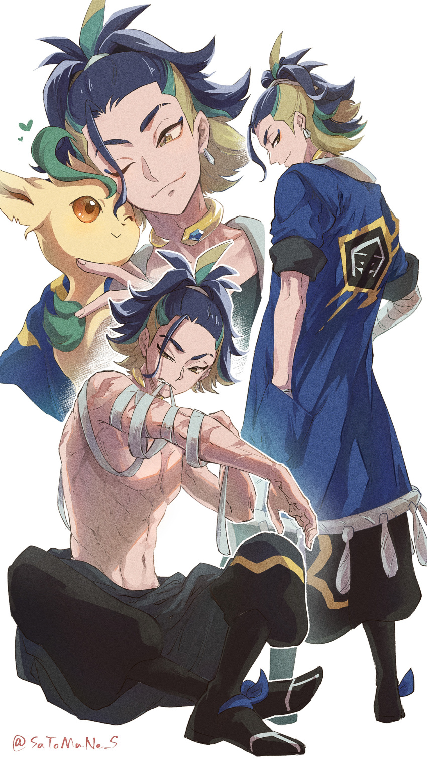 1boy abs absurdres adaman_(pokemon) arm_wrap blue_coat closed_mouth coat collar commentary_request earrings eyebrow_cut green_hair half-closed_eye hand_in_pocket heart highres jewelry leafeon looking_back male_focus multicolored_hair multiple_views navel one_eye_closed pokemon pokemon_(creature) pokemon_(game) pokemon_legends:_arceus satomune_s sitting smile standing toned topless_male yellow_eyes